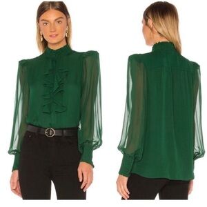 NWT Divine Heritage Silk Ruffle Front Blouse  Emerald Sheer Puff Sleeve